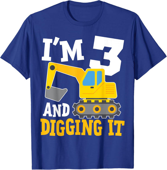 I'm Three 3rd Years Old Birthday Boy Excavator Construction T-Shirt - T-Shirt | Royal