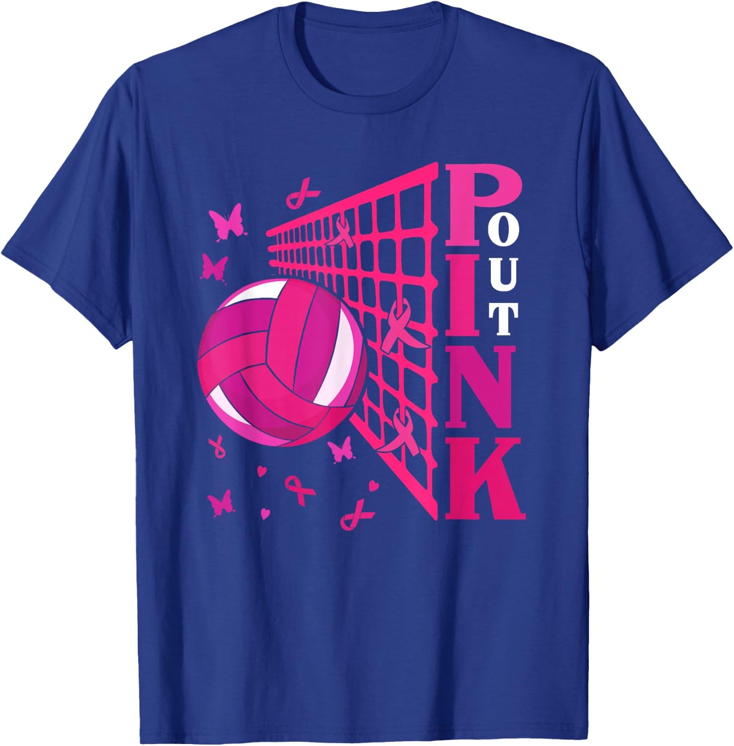 Cute Pink Out Volleyball Breast Cancer Awareness Pink Ribbon T-Shirt - T-Shirt | Royal