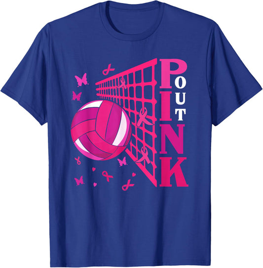 Cute Pink Out Volleyball Breast Cancer Awareness Pink Ribbon T-Shirt - T-Shirt | Royal
