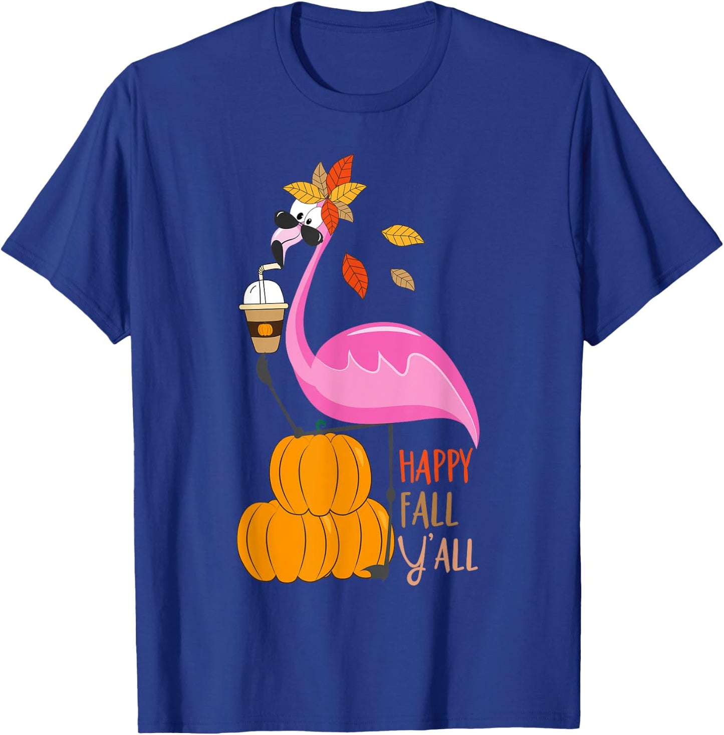 Happy Fall Y'all Pumpkin Flamingo Autumn Graphic T-Shirt - T-Shirt | Royal