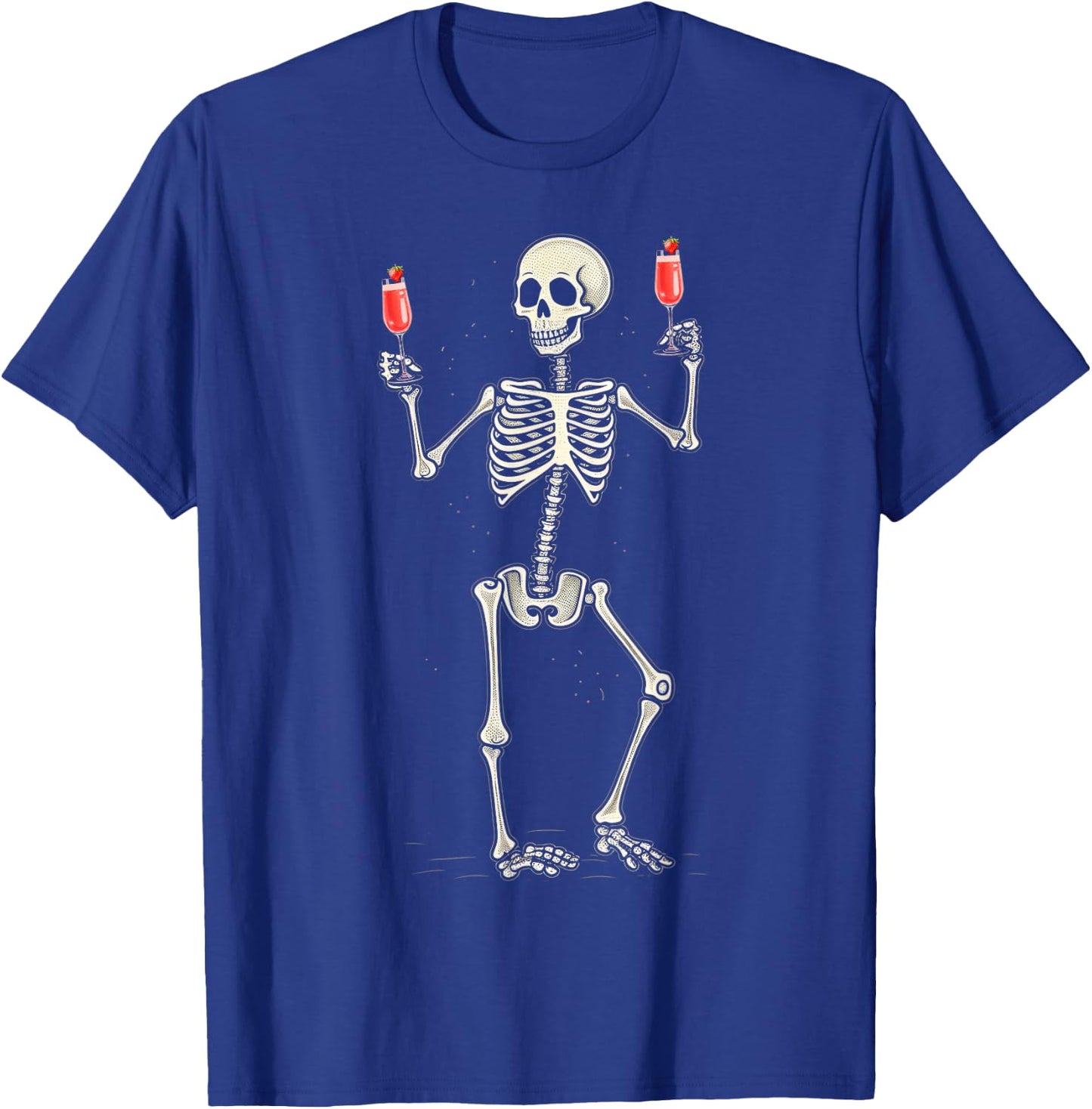 Funny Halloween Skeleton Drinking Strawberry Mimosa Cocktail T-Shirt - T-Shirt | Royal