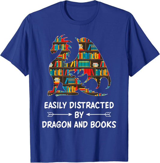 Easily Distracted By Dragons And Books Nerd Dragon T-Shirt - T-Shirt | Royal