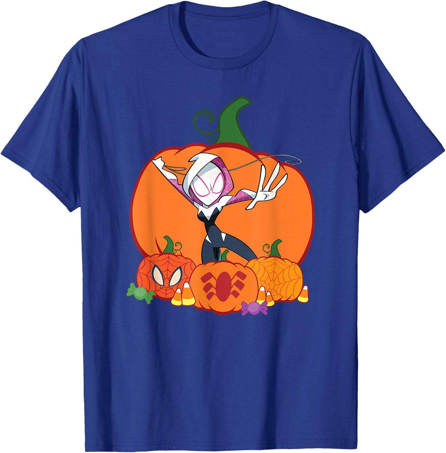Marvel Spider-Gwen Ghost Spider Halloween with Pumpkins T-Shirt - T-Shirt | Royal