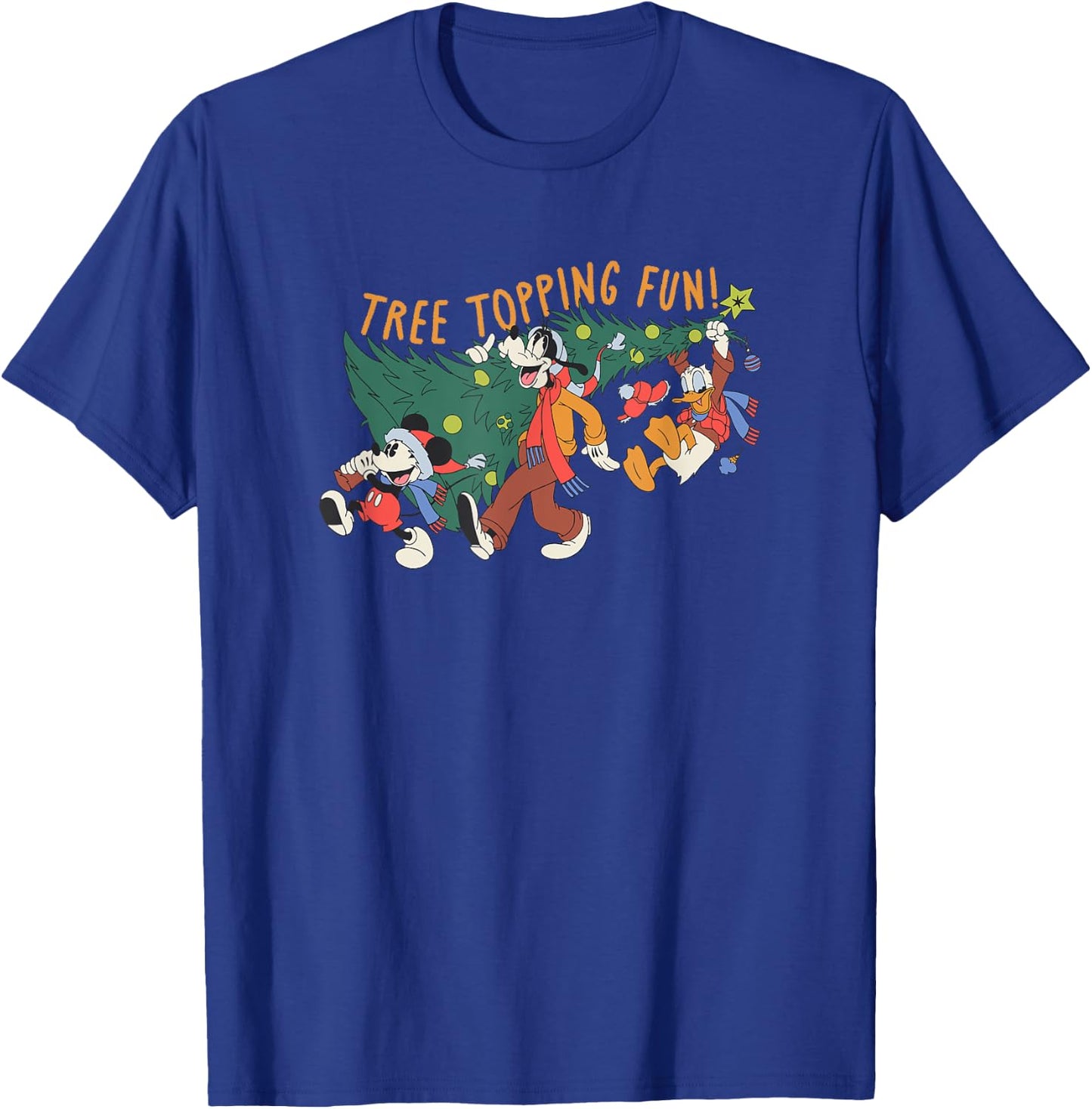 Amazon Essentials Men's Mickey Mouse Goofy and Donald Christmas Tree Topping Fun , Black Graphic Print, Small T-Shirt - T-Shirt | Royal