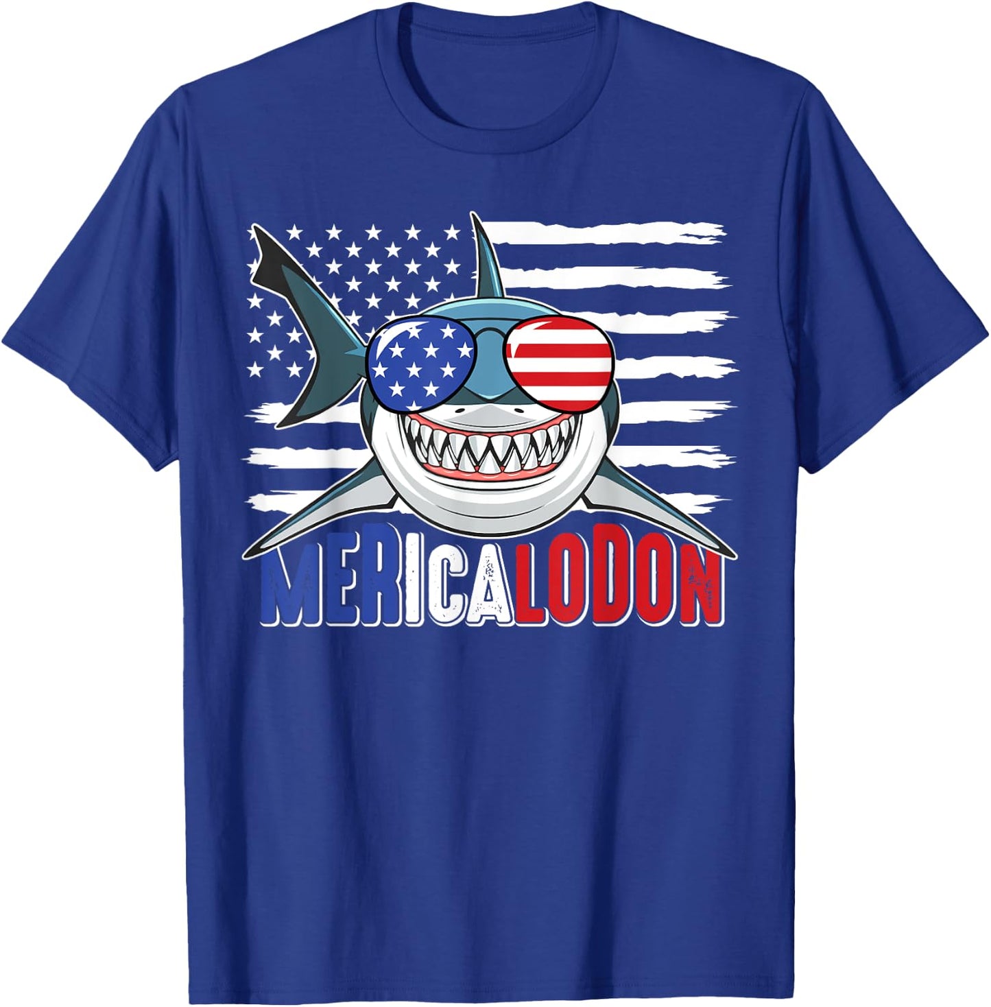 Merica Shark Funny 4th of July Megalodon American Flag T-Shirt - T-Shirt | Royal