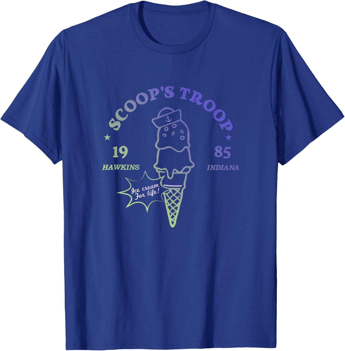 Stranger Things Vintage Gradient Scoop's Troop 1985 Badge T-Shirt - T-Shirt | Royal