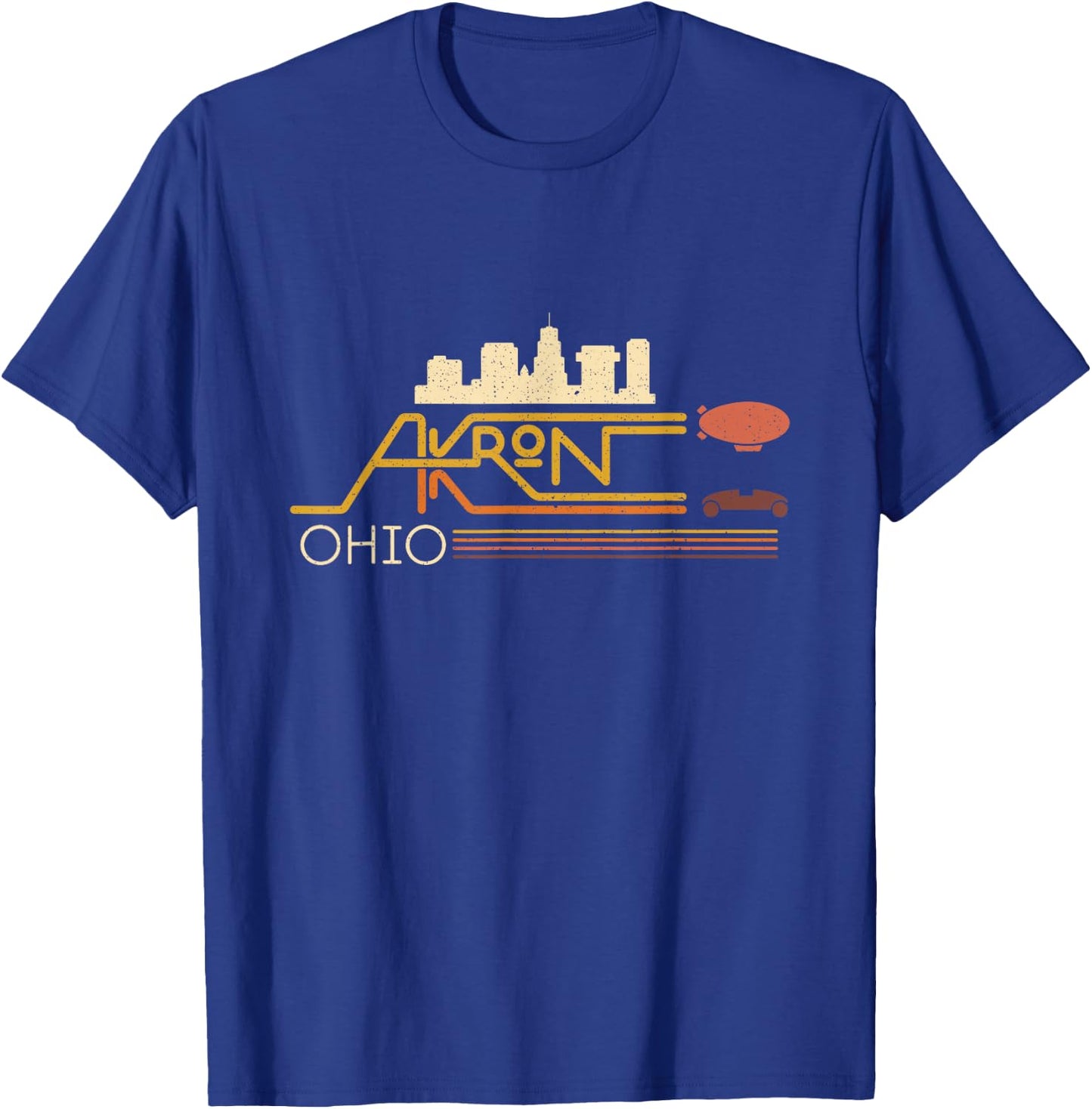 Vintage Akron Ohio Skyline With Akron Blimp On Retro Stripes T-Shirt - T-Shirt | Royal