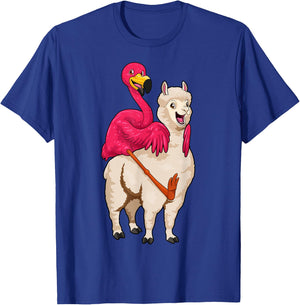 Flamingo Riding Llama Funny Flock Bird Llama Farmer Pun T-Shirt - T-Shirt | Royal