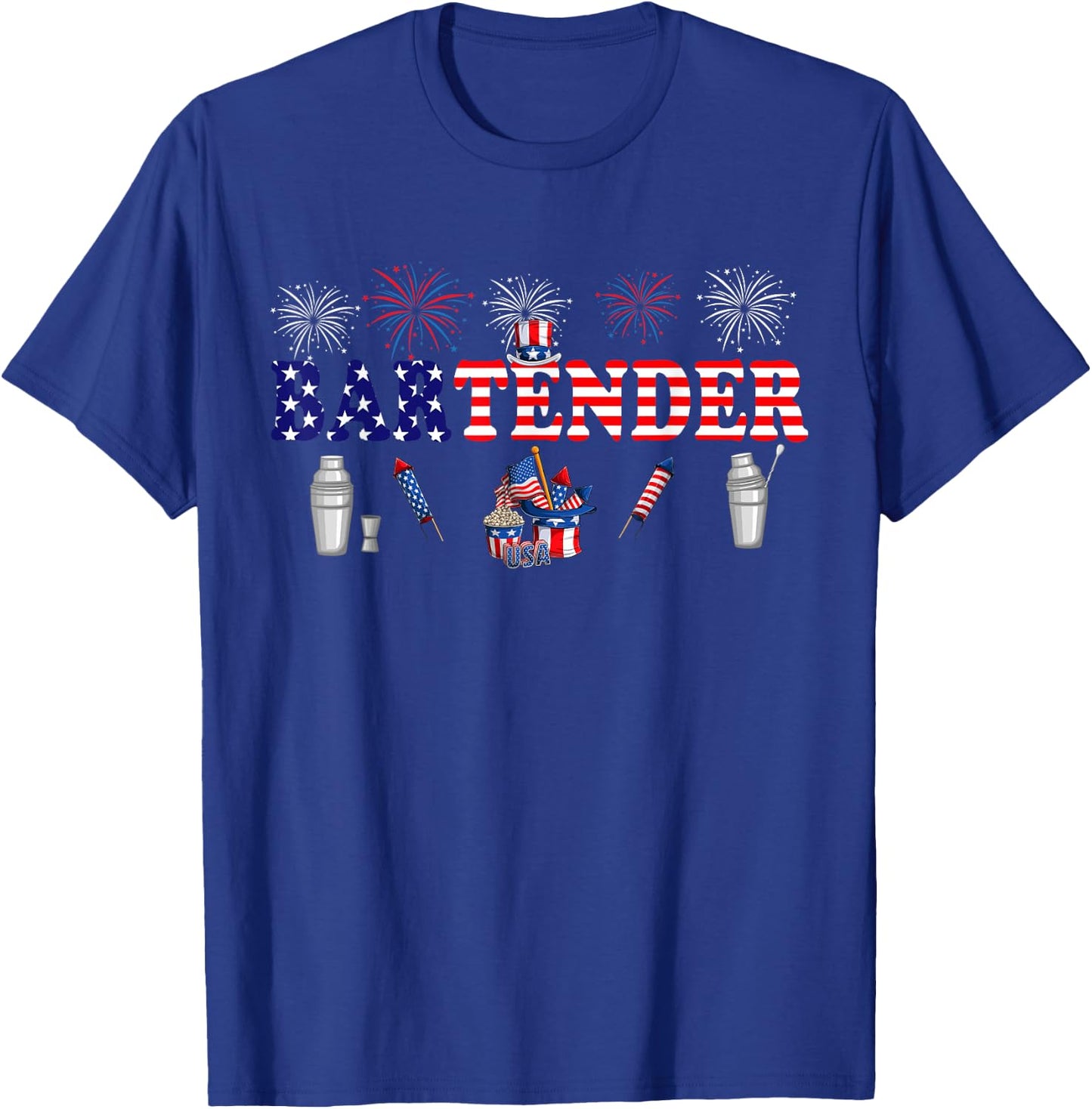 Bartender Costume Proud 4th Of July American Flag Fireworks T-Shirt - T-Shirt | Royal