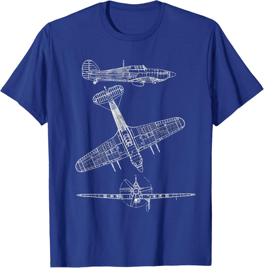Hawker Hurricane Aircraft Blueprint Design T-Shirt - T-Shirt | Royal