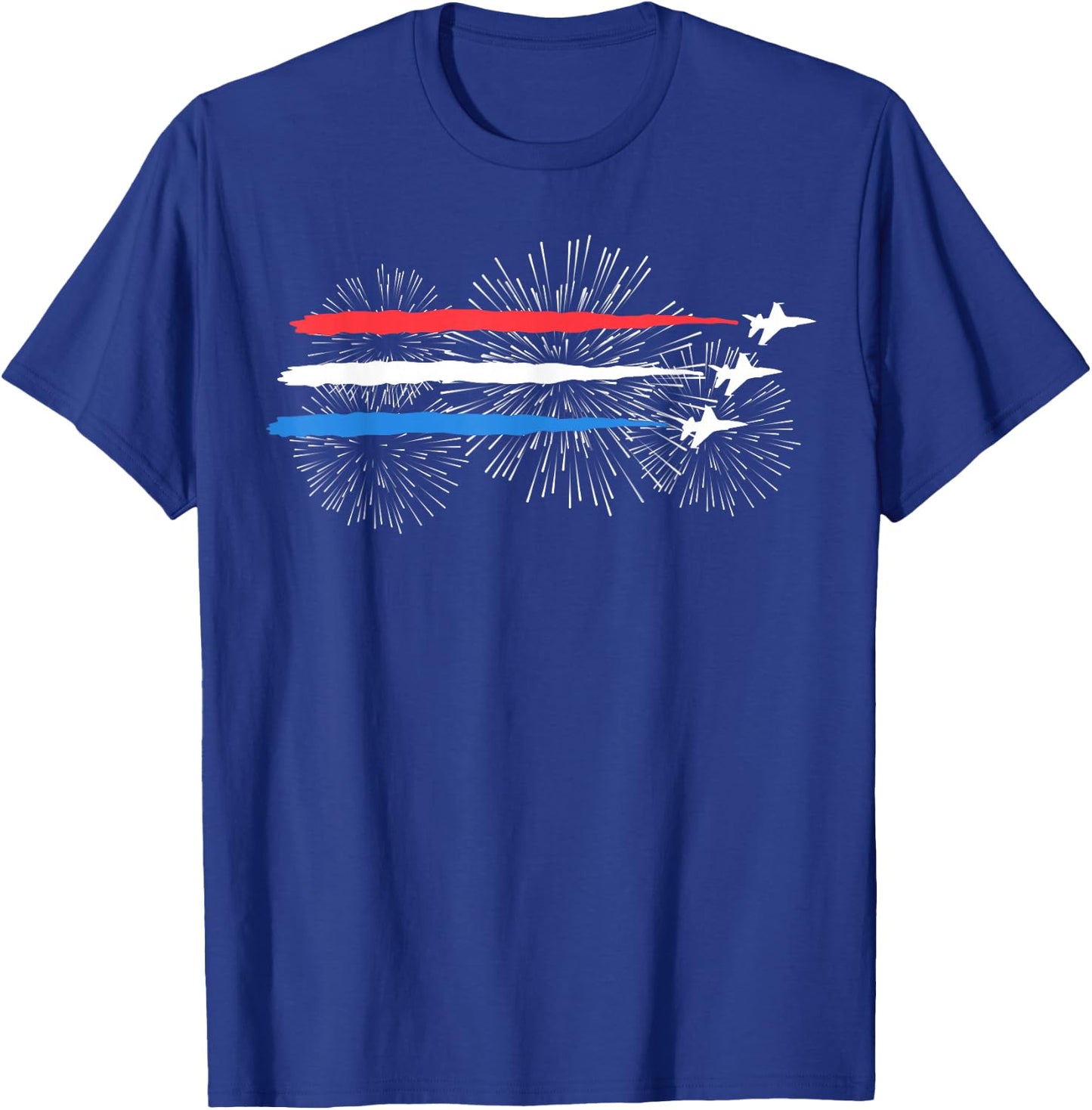 Red White and Blue Fighter Jets with Fireworks 4th of July T-Shirt - T-Shirt | Royal