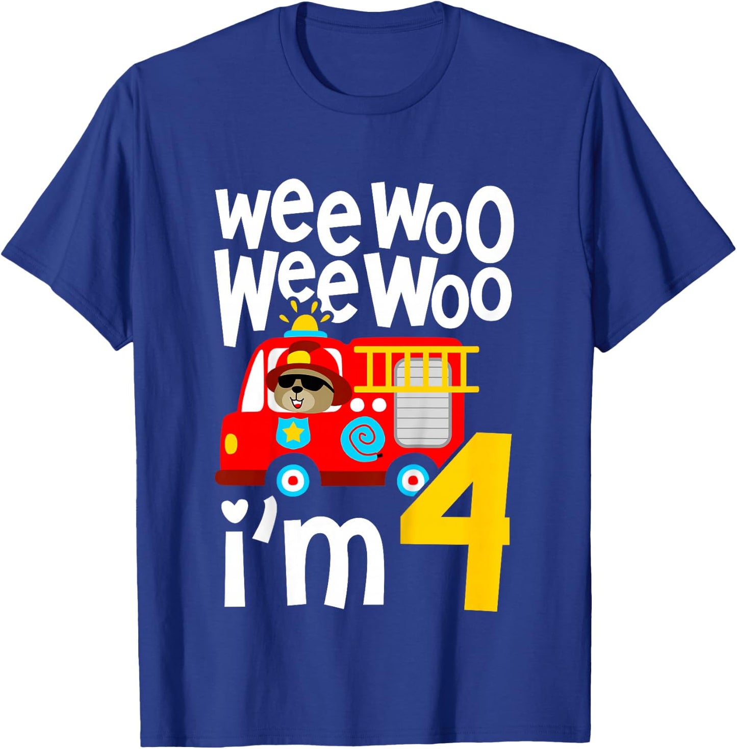 Kids Boys Birthday Wee Woo Wee Woo I'm 4 Red Fire Truck T-Shirt - T-Shirt | Royal