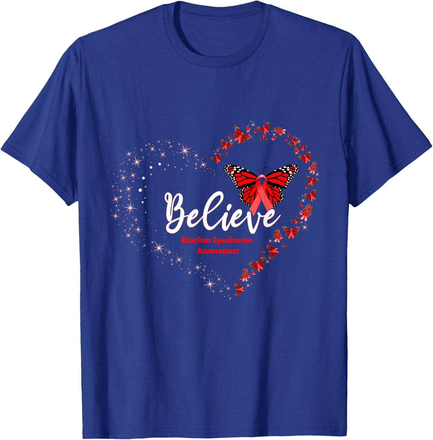 Butterfly Heart Believe Red Ribbon Marfan Syndrome Awareness T-Shirt - T-Shirt | Royal