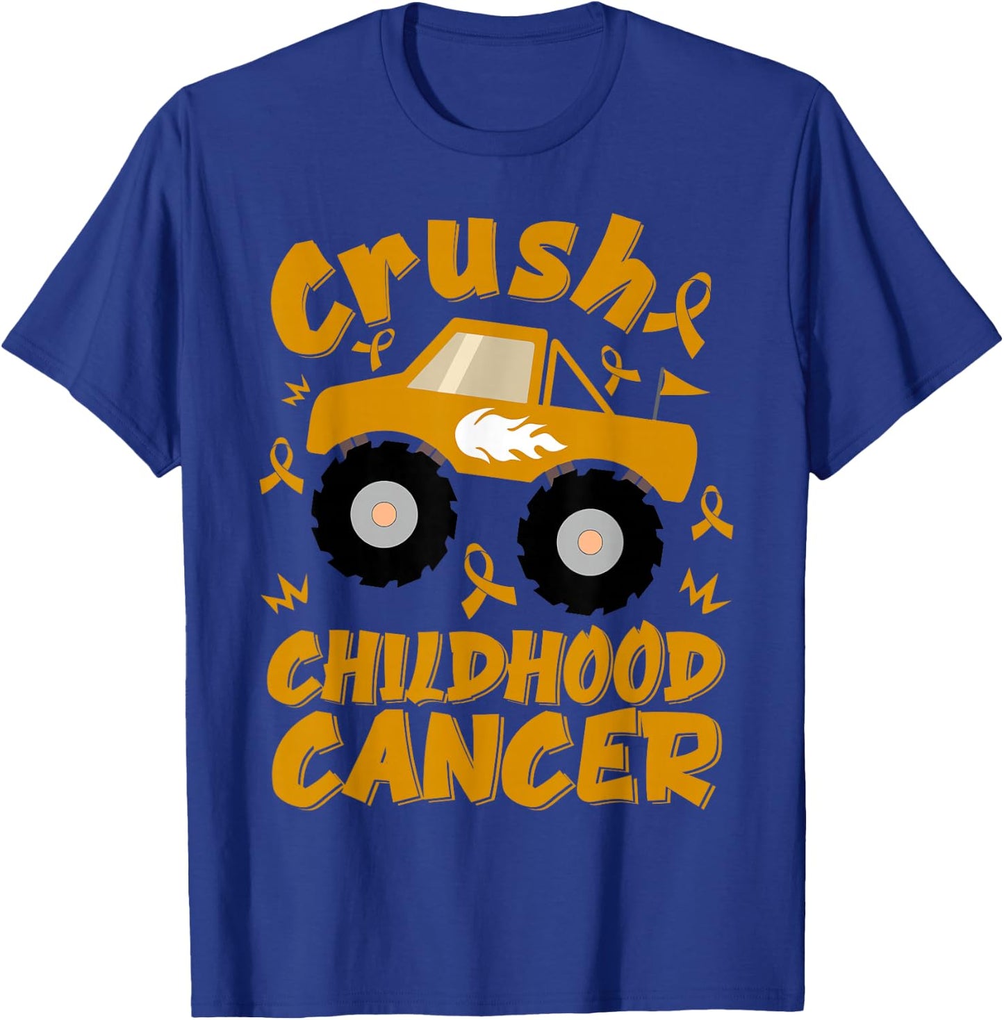 Crush Childhood Cancer Awareness Monster Truck & Gold Ribbon T-Shirt - T-Shirt | Royal