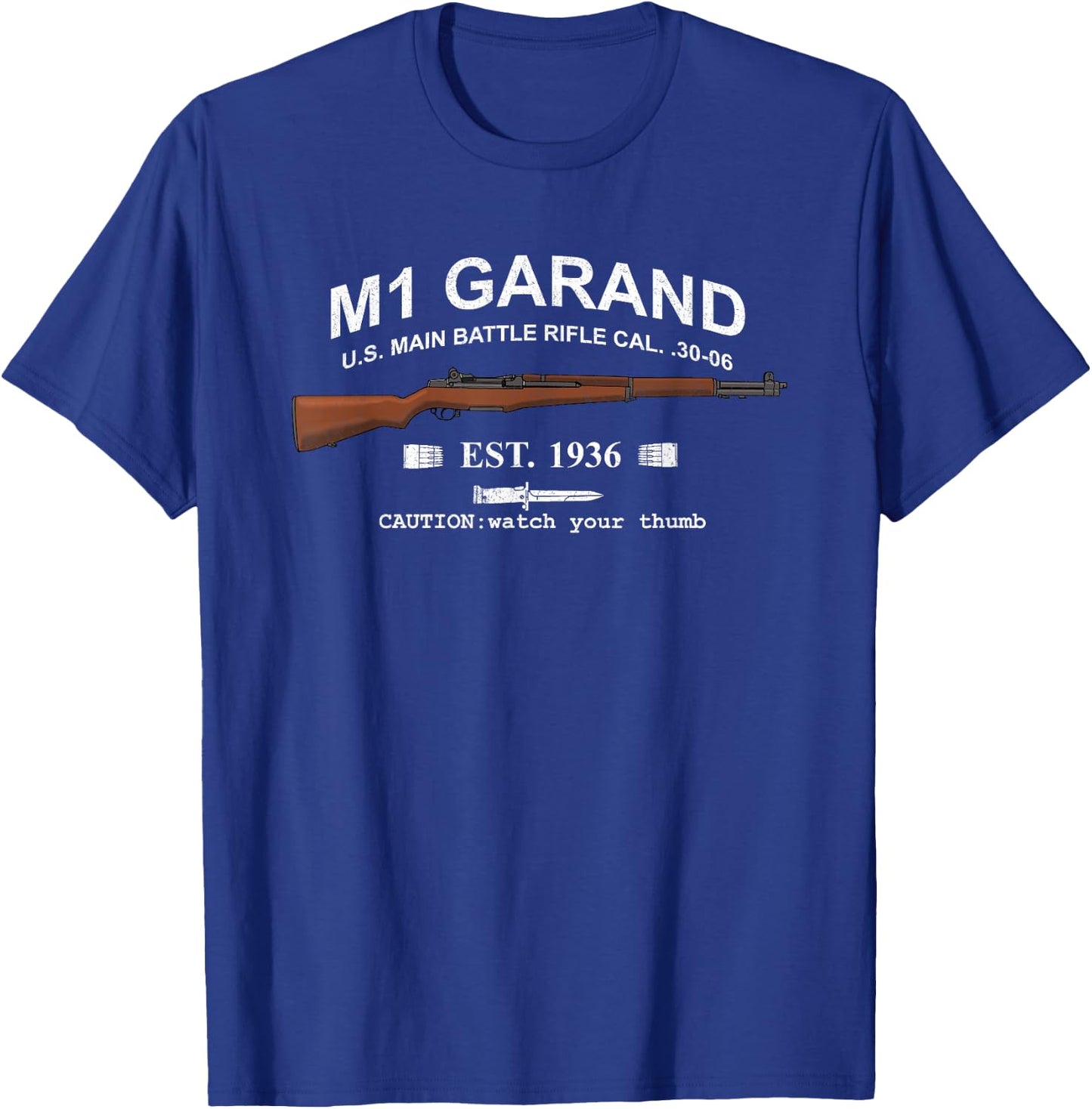 M1 Garand Rifle Gun WWII Watch Your Thumb EST 1936 Graphic T-Shirt - T-Shirt | Royal