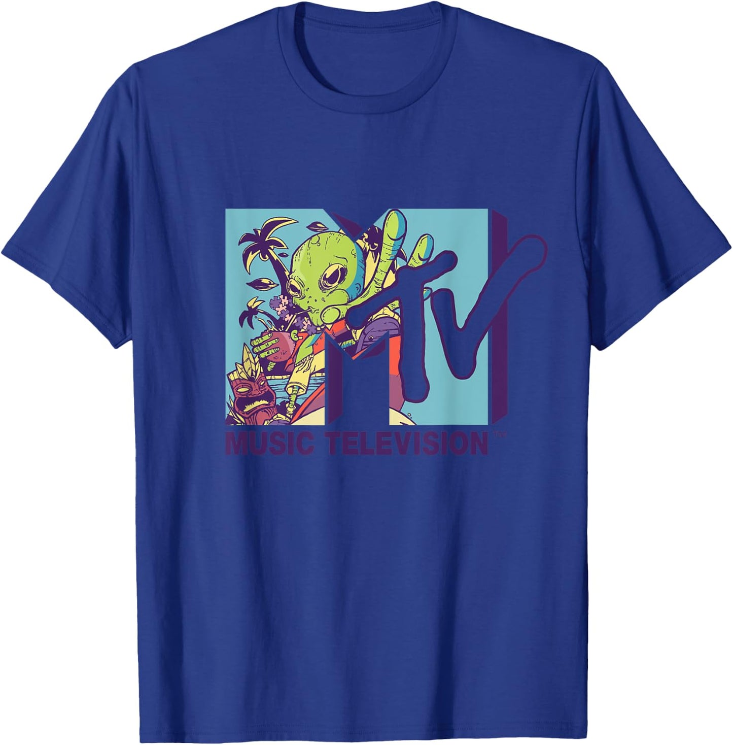 Mademark x MTV - The official MTV Logo with an alien drinking milk of coconut T-Shirt - T-Shirt | Royal