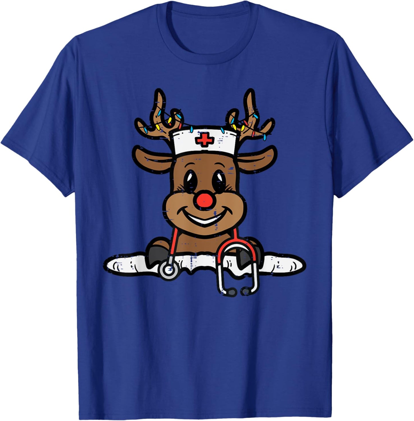 Christmas Nurse Reindeer Xmas Scrub Top Men Women RN ICU ER T-Shirt - T-Shirt | Royal
