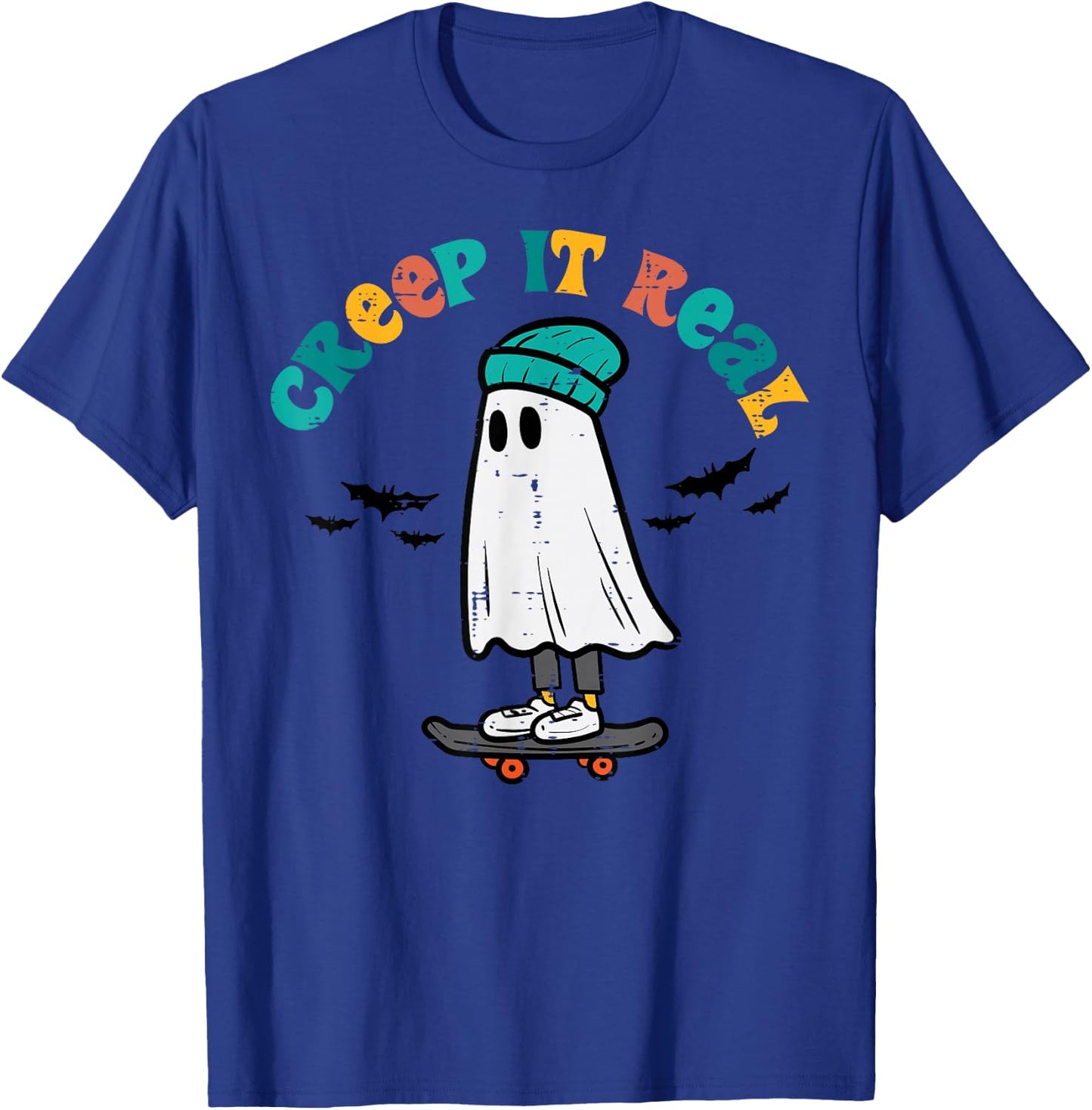 Ghost Skateboard Creep It Real Retro Halloween Skater Boys T-Shirt - T-Shirt | Royal