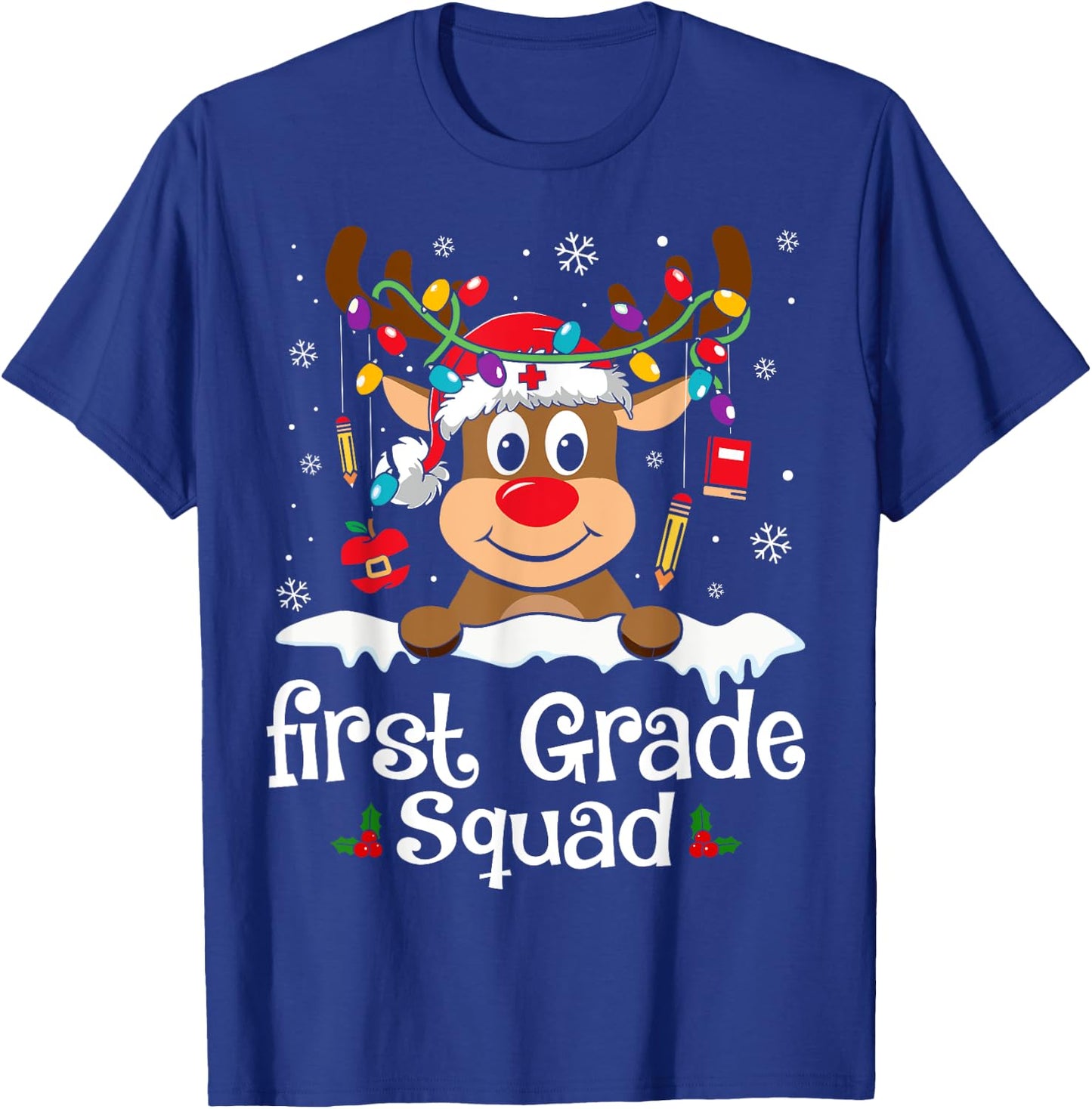 First Grade Teacher Squad Funny Reindeer Teacher Christmas T-Shirt - T-Shirt | Royal