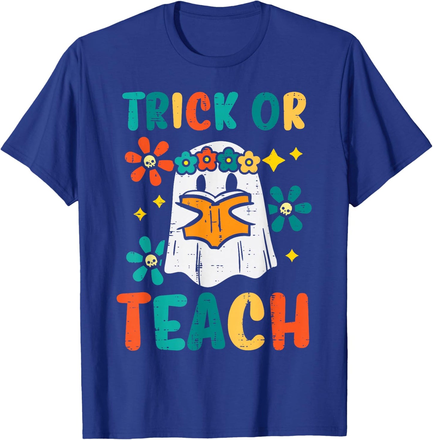 Ghost Books Trick Or Teach Retro Groovy Halloween Teacher T-Shirt - T-Shirt | Royal