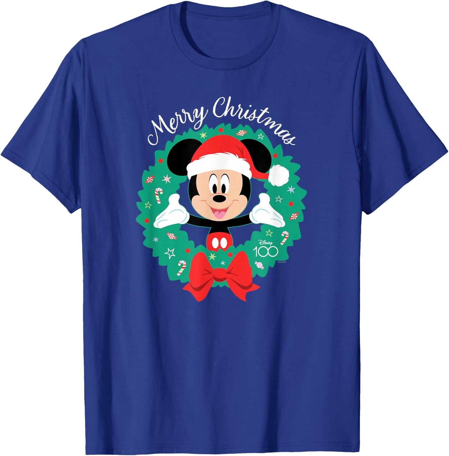 Disney 100 Mickey Mouse Merry Christmas Wreath Holiday D100 T-Shirt - T-Shirt | Royal
