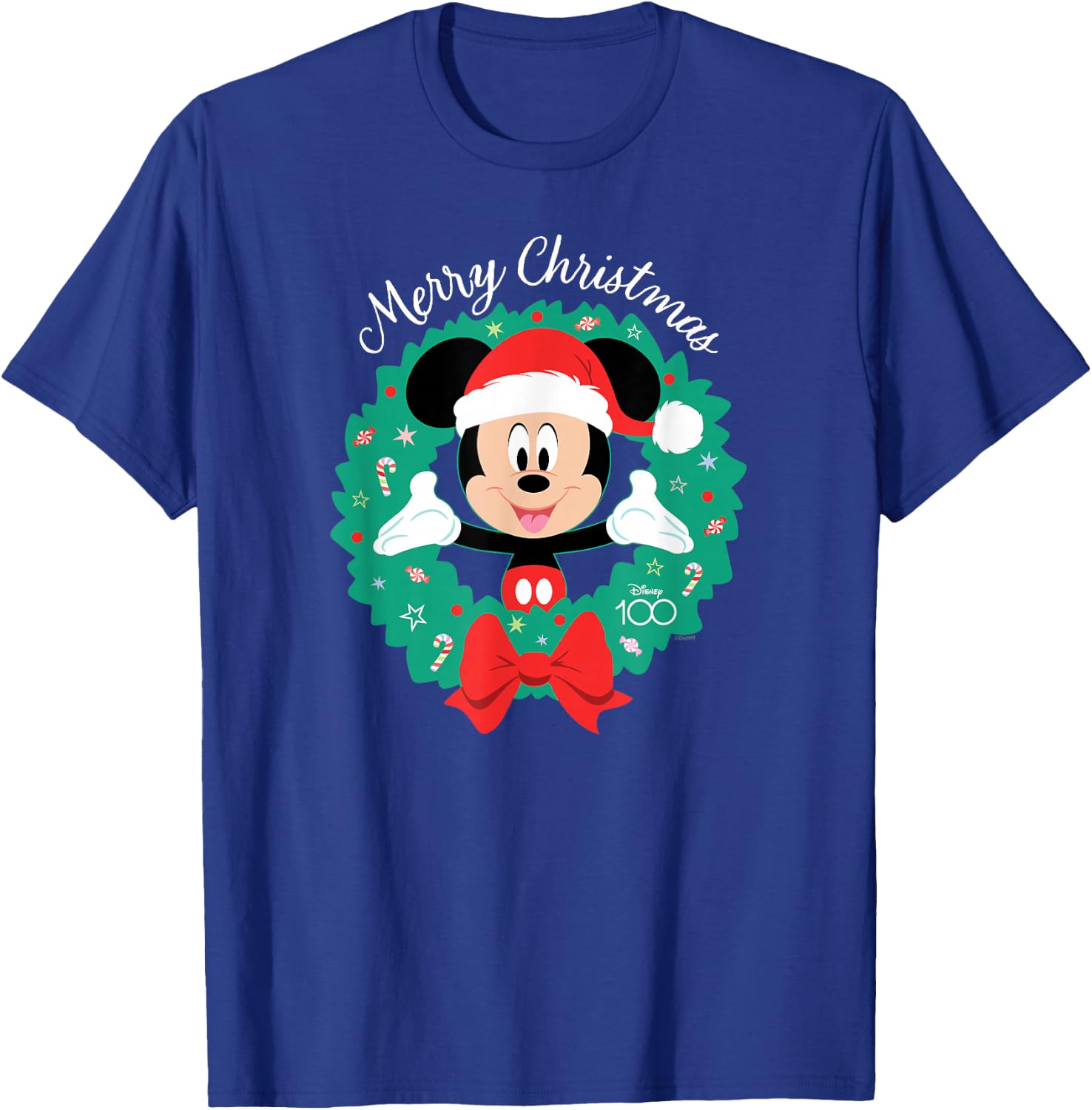 Disney 100 Mickey Mouse Merry Christmas Wreath Holiday D100 T-Shirt - T-Shirt | Royal