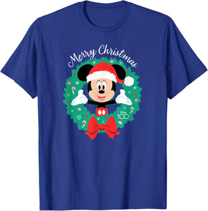 Disney 100 Mickey Mouse Merry Christmas Wreath Holiday D100 T-Shirt - T-Shirt | Royal