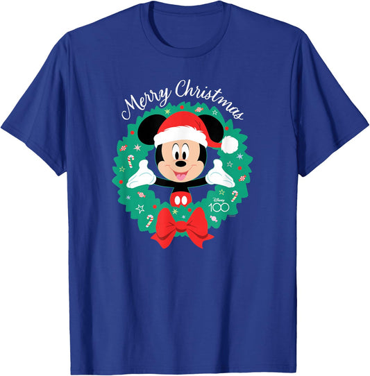Disney 100 Mickey Mouse Merry Christmas Wreath Holiday D100 T-Shirt - T-Shirt | Royal