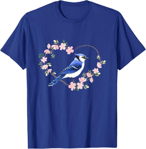 Blue Jay Bird Lover Watching Bidwatcher Birder Flower Heart T-Shirt - T-Shirt | Royal