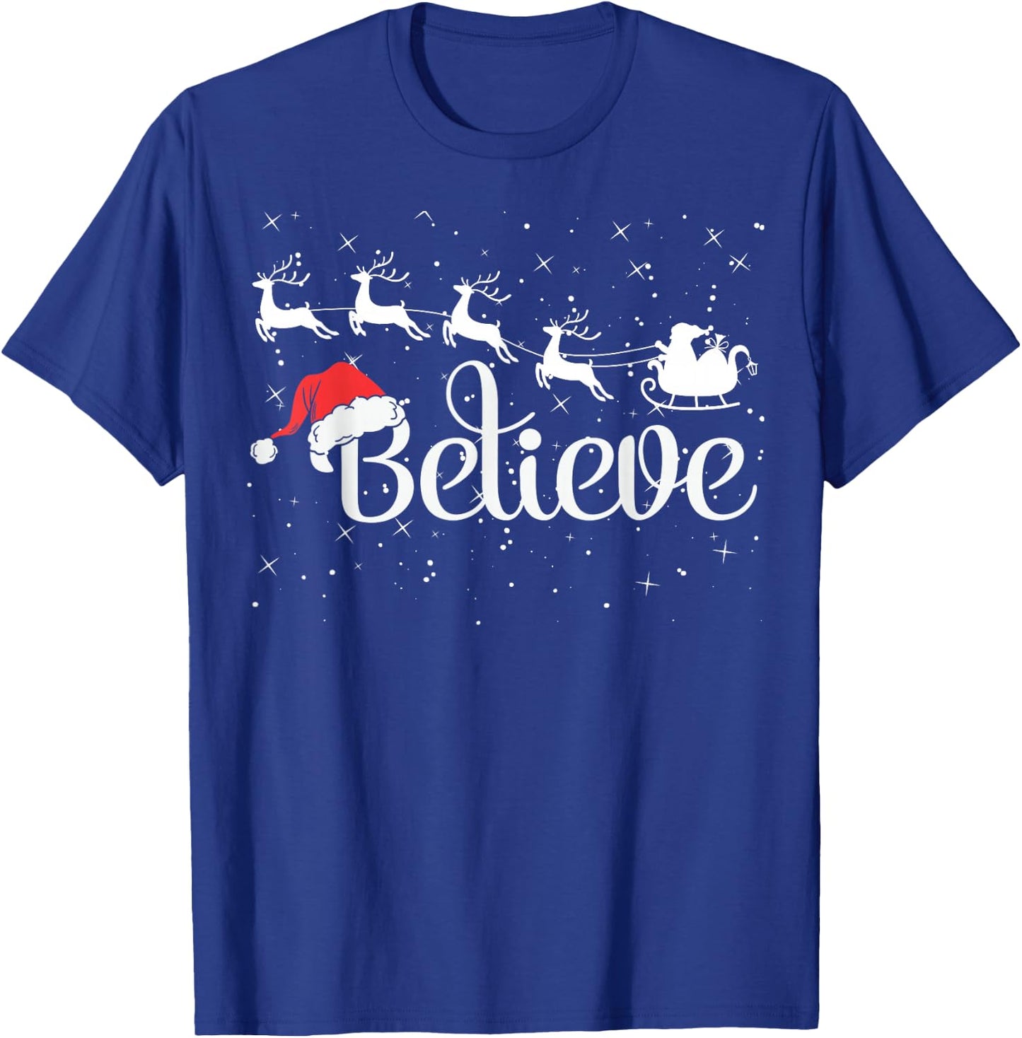 Christmas Believe in Santa with Sleigh Reindeer & Santa Hat T-Shirt - T-Shirt | Royal