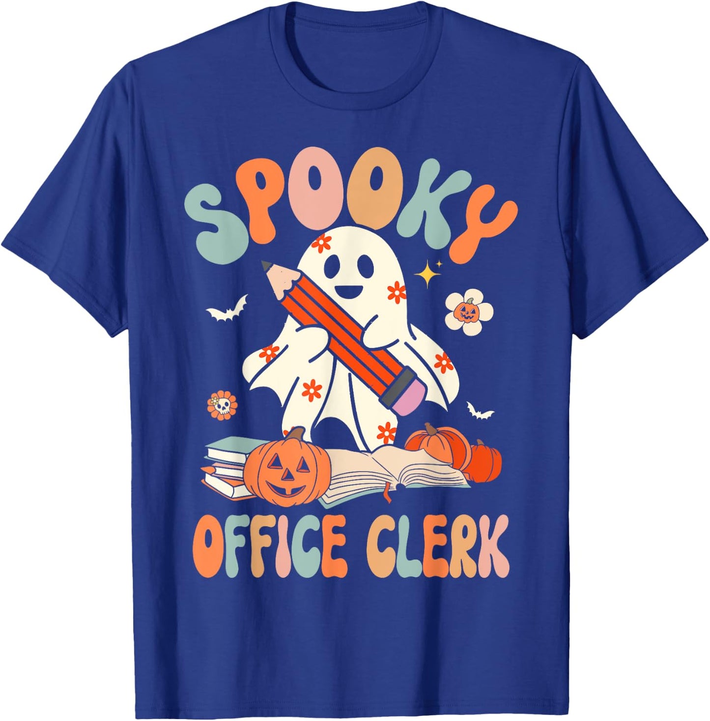 Groovy Halloween Spooky Office Clerk Retro Floral Ghost T-Shirt - T-Shirt | Royal