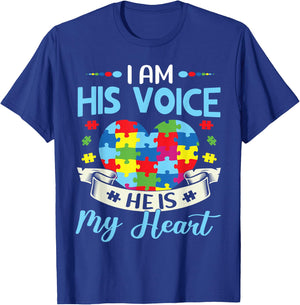 I Am His Voice He Is My Heart Autism Awareness Puzzle Piece T-Shirt - T-Shirt | Royal