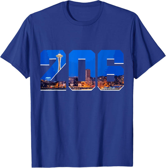 Seattle 206 Area Code Pride Skyline Washington Vintage T-Shirt - T-Shirt | Royal