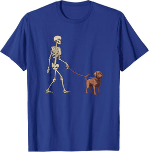 Funny Chocolate Labrador Skeleton Dog Walking Halloween Men Women Kids T-Shirt - T-Shirt | Royal