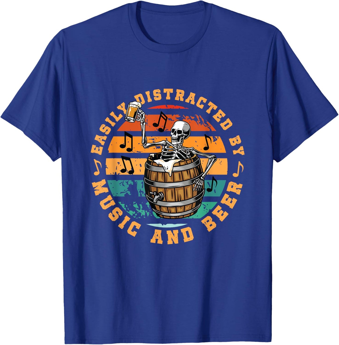 Easily Distracted By Music And Beer | Skeleton In A Barrel T-Shirt - T-Shirt | Royal