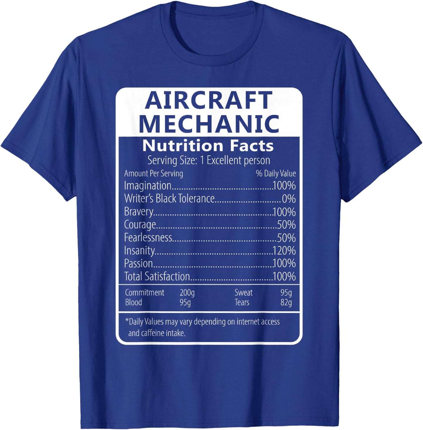 Aircraft Mechanic Nutrition Facts Sarcastic T-Shirt - T-Shirt | Royal