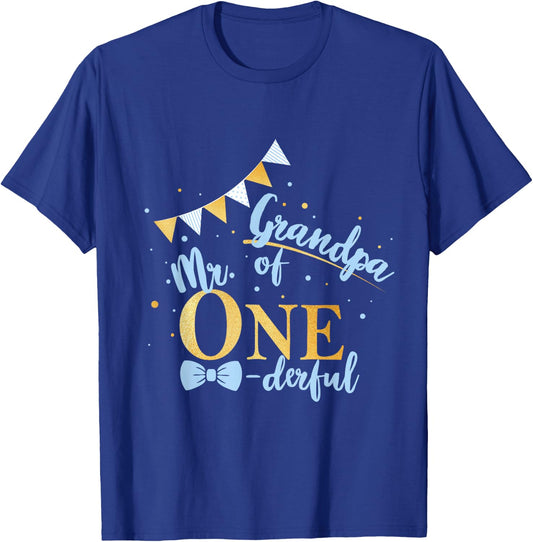 Grandpa Of Mr One-derful Party Blue-Gold Boy 1st Birthday T-Shirt - T-Shirt | Royal