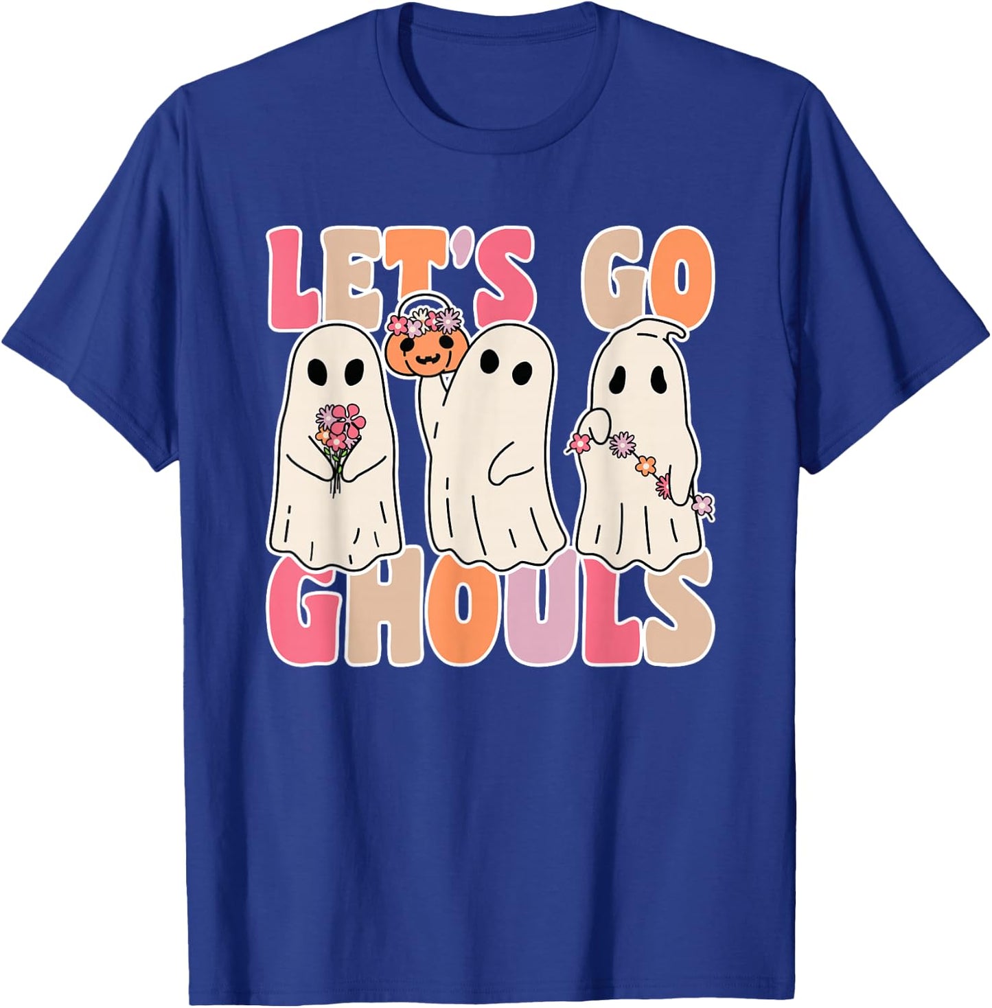 Let's Go Ghouls Groovy Ghost With Vintage Flowers Halloween T-Shirt - T-Shirt | Royal