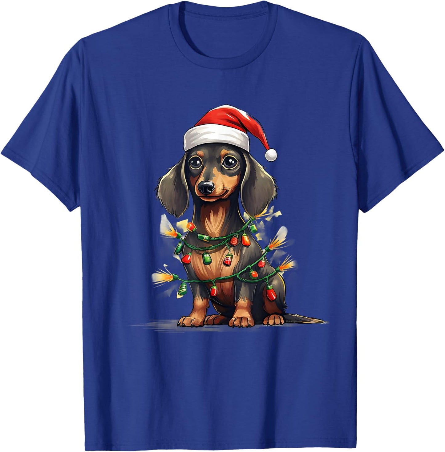 Merry Christmas Dachshund Santa Hat Lights Xmas Men Women T-Shirt - T-Shirt | Royal