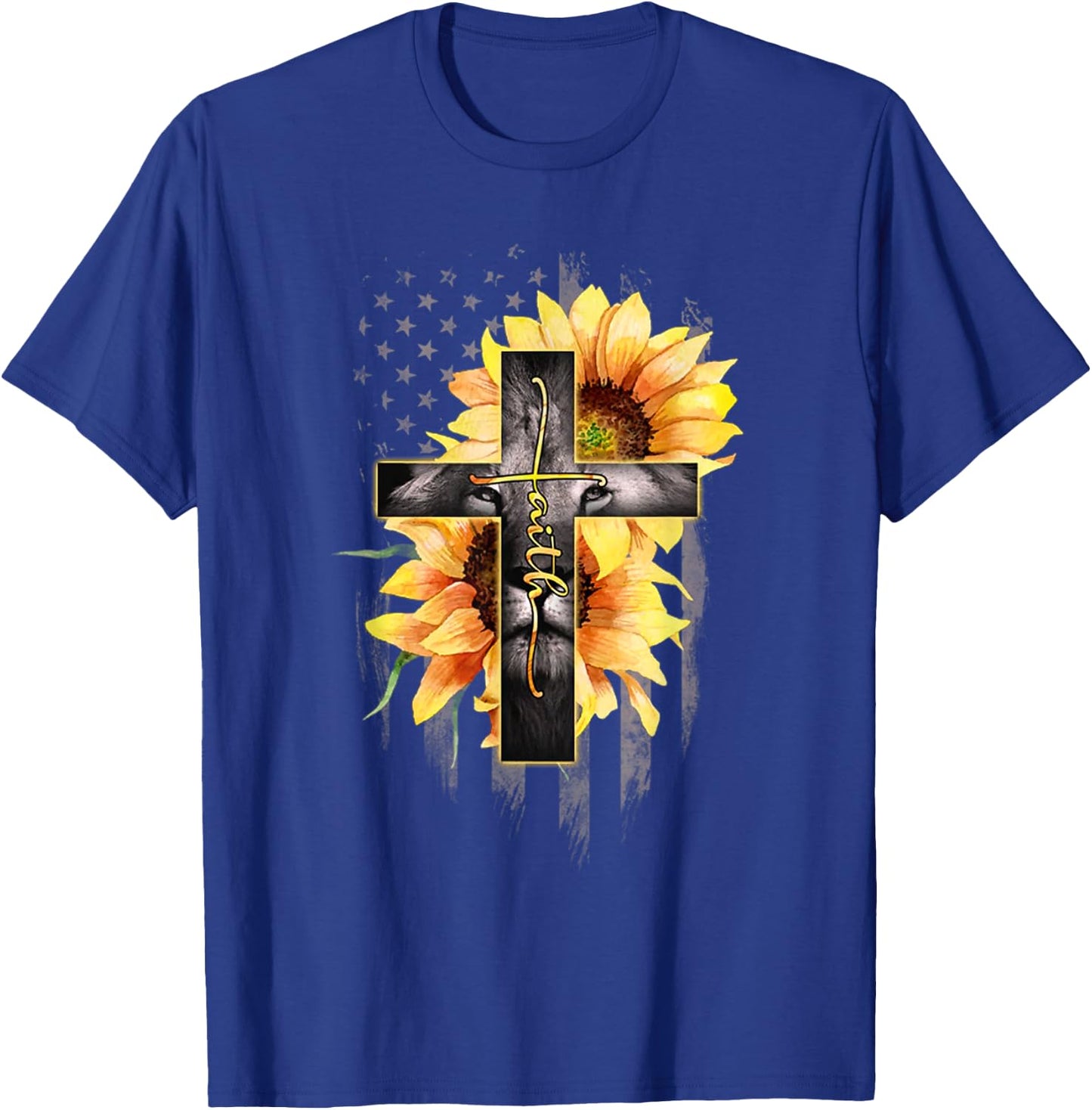 Faith Cross Christian Lion Sunflower American Flag T-Shirt - T-Shirt | Royal