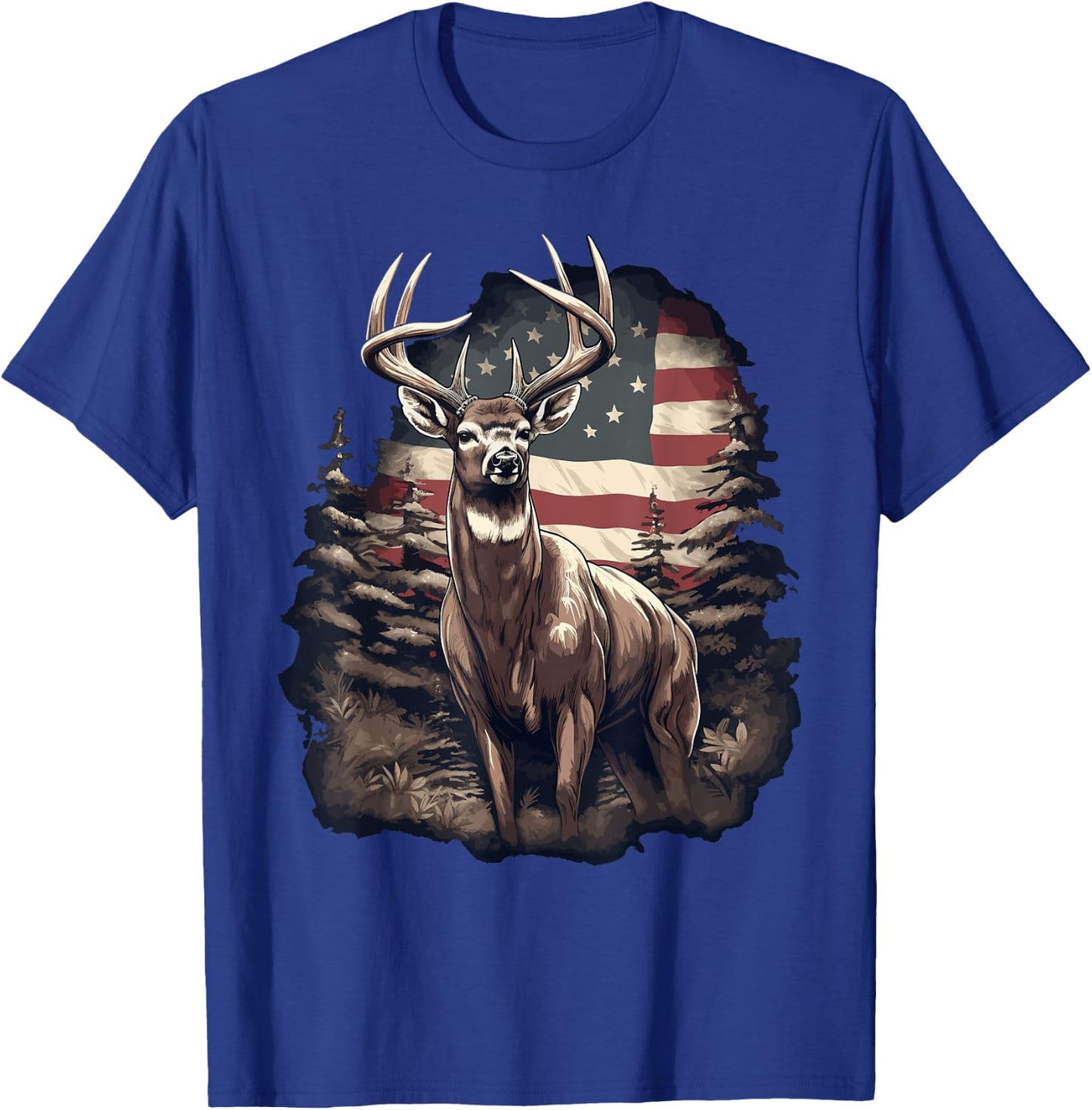 Whitetail Buck Deer Hunting US Flag Patriotic Hunter T-Shirt - T-Shirt | Royal