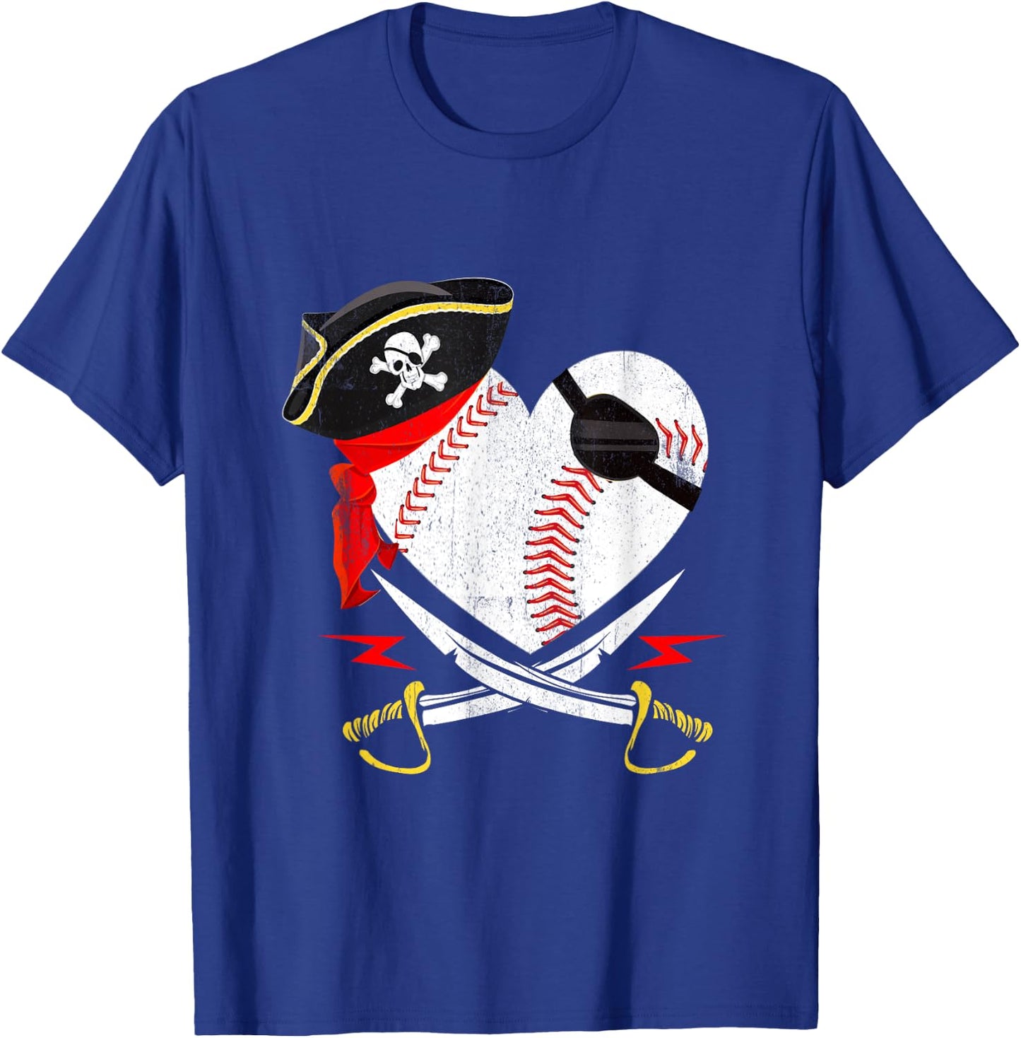 The Vintage Pirate Baseball Softball Heart With Skull Hat T-Shirt - T-Shirt | Royal