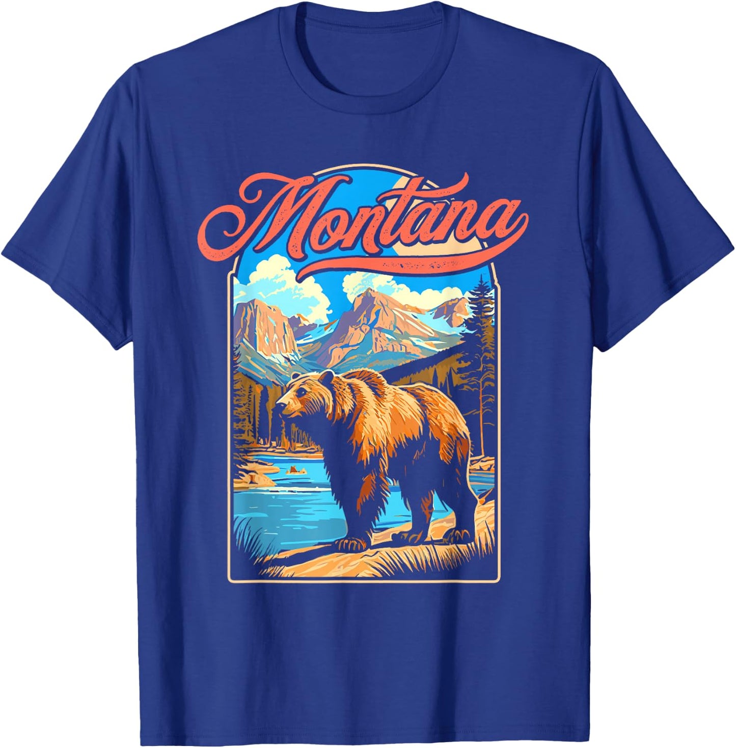Grizzly Bear & Montana Mountains Vintage 70s Vibe Graphic T-Shirt - T-Shirt | Royal
