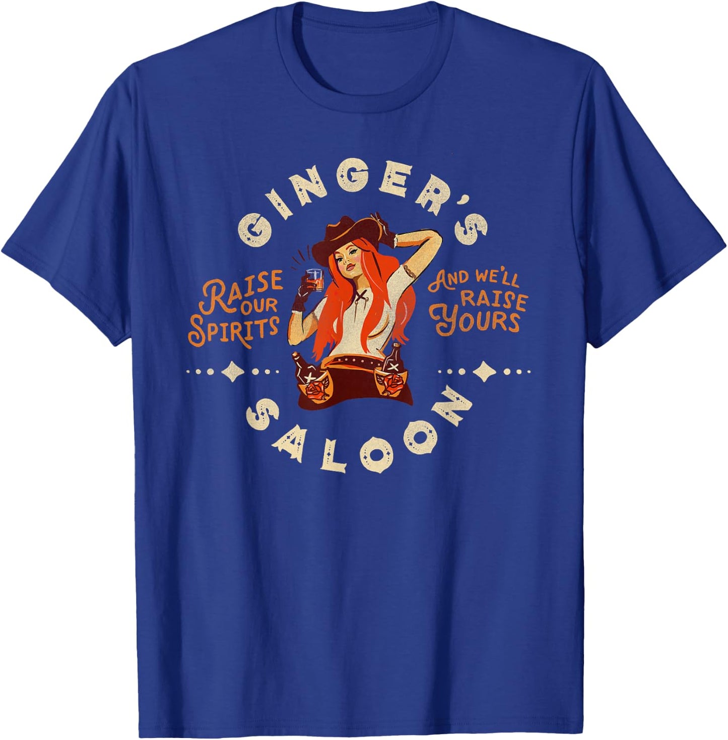 Retro Dive Bar Whiskey Ginger Redhead Cowgirl Bartender Gift T-Shirt - T-Shirt | Royal