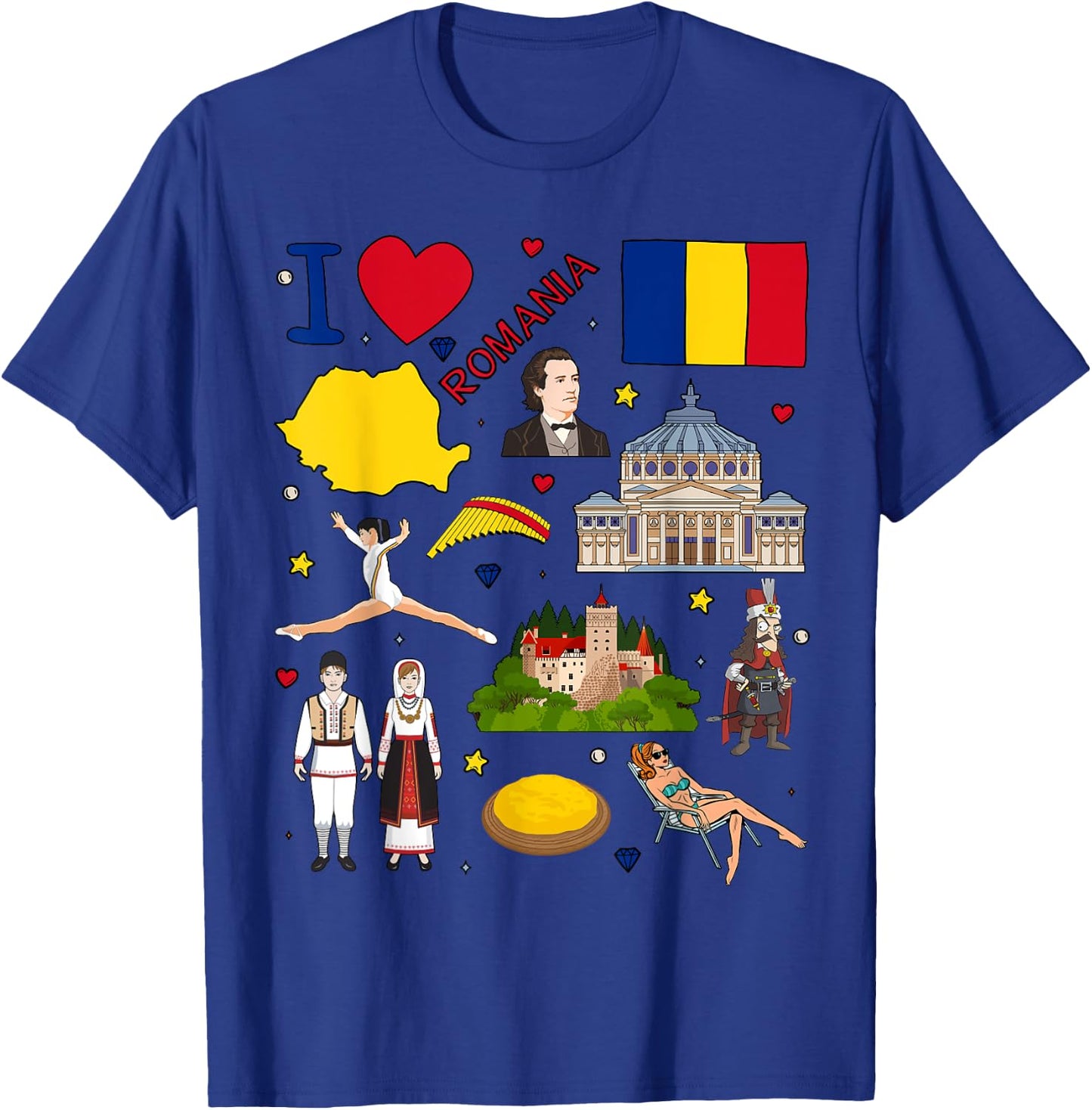 I love Romania. Hand drawn Romanian Landmarks, flag and map T-Shirt - T-Shirt | Royal
