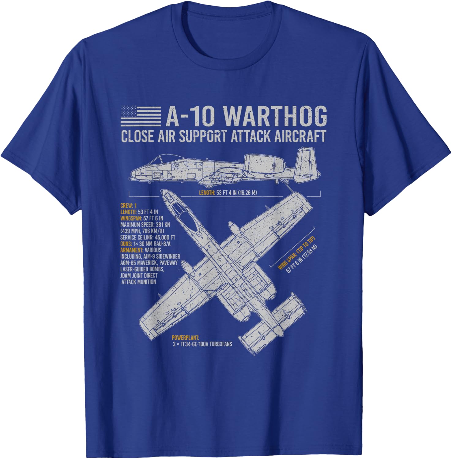 Aviation Geeks Store A-10 Warthog Thunderbolt II Aircraft Airplane Blueprint Fact T-Shirt - T-Shirt | Royal