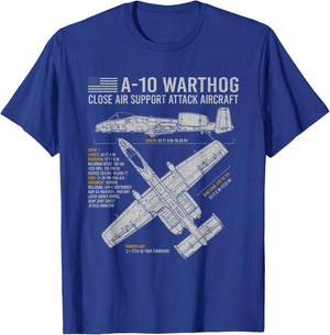 Aviation Geeks Store A-10 Warthog Thunderbolt II Aircraft Airplane Blueprint Fact T-Shirt - T-Shirt | Royal