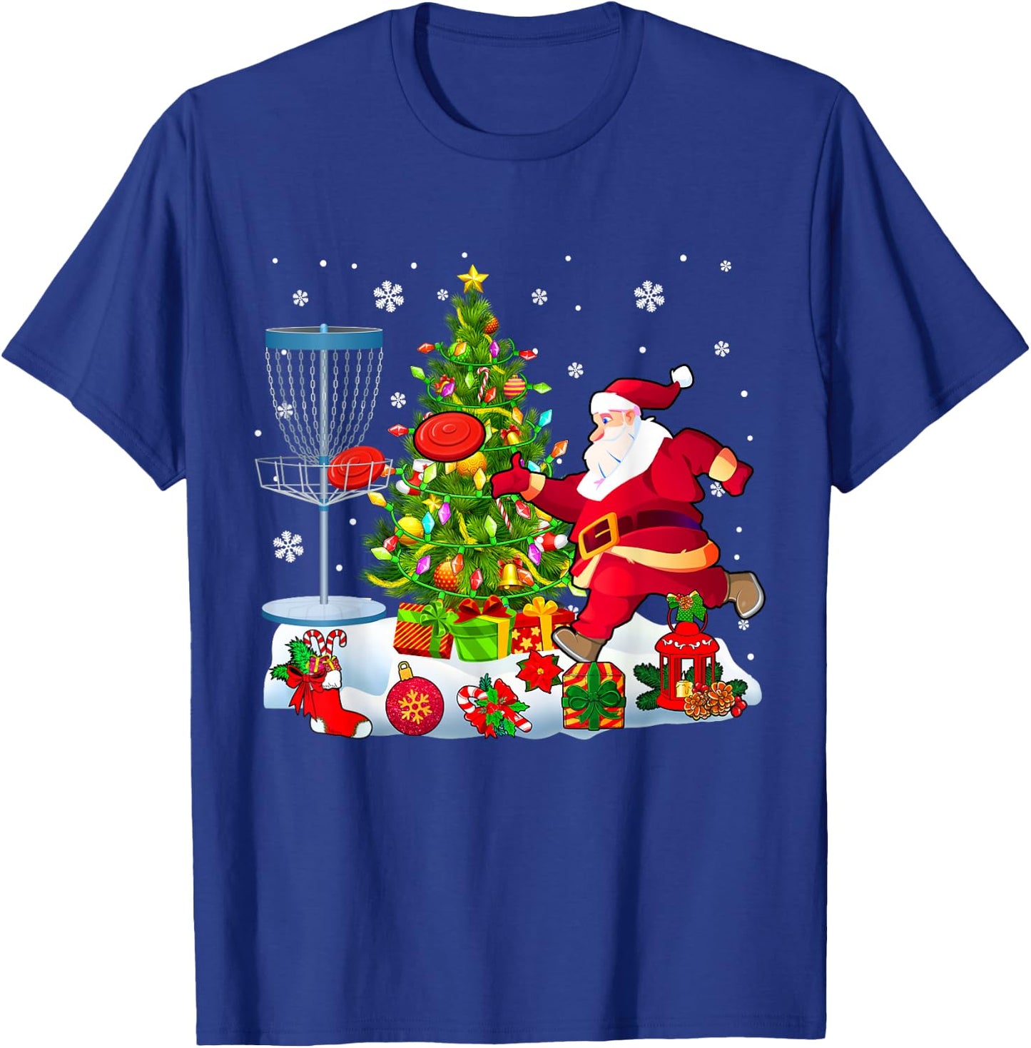Xmas Tree Light Presents Santa Playing Disc Golf Player T-Shirt - T-Shirt | Royal