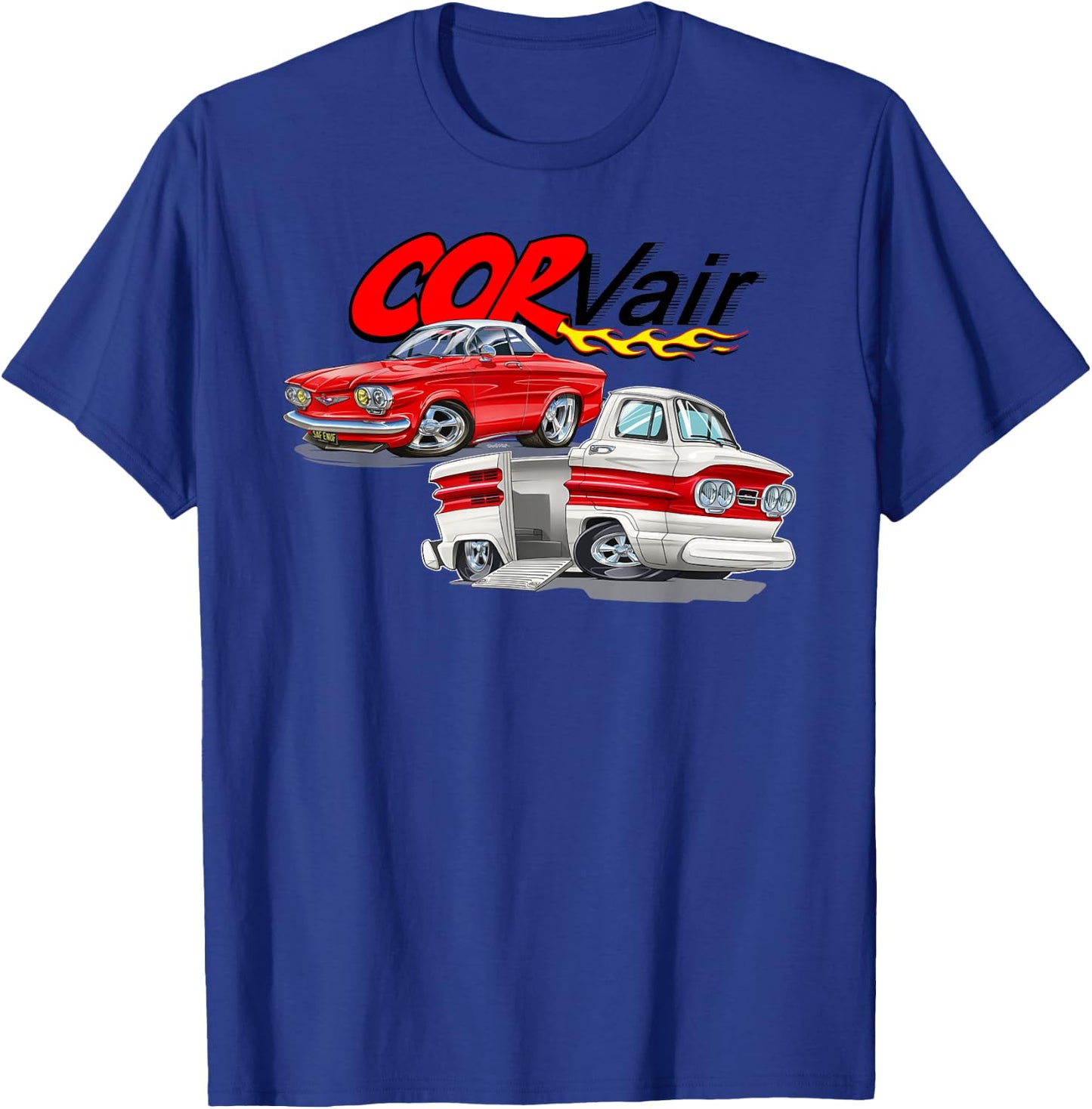 Corvair Cartoon Coupe and Rampside Truck T-Shirt - T-Shirt | Royal