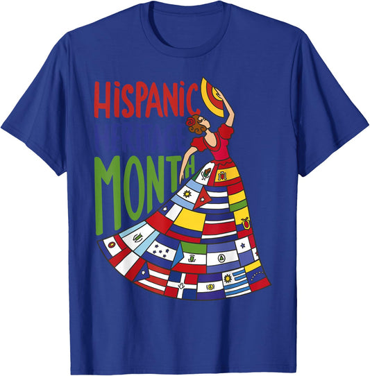 Hispanic Heritage Month 2024 Woman Latin Country Flags Dress T-Shirt - T-Shirt | Royal